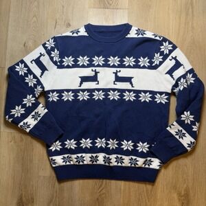Reindeer Ugly Christmas Sweater Holiday Festival Fashion Navy Blue and‎ White XL